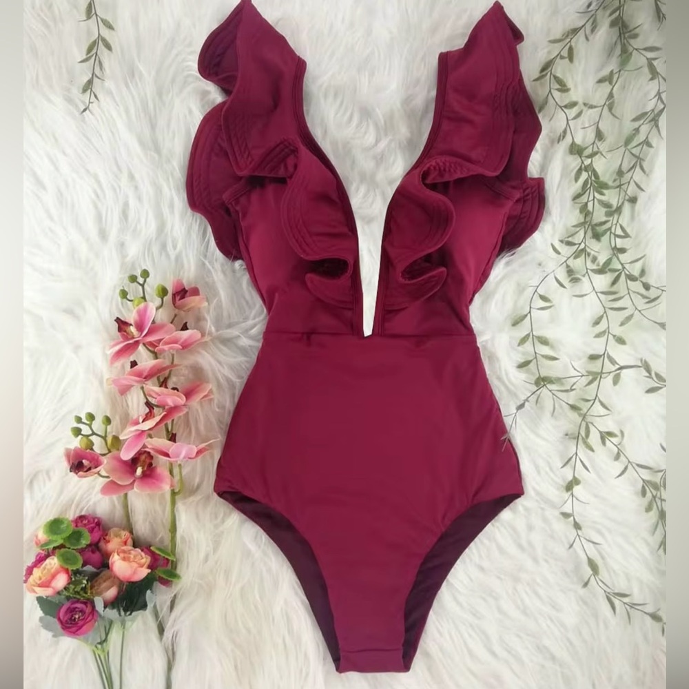 Sexy burgundy one piece swimsuit with ruffles style